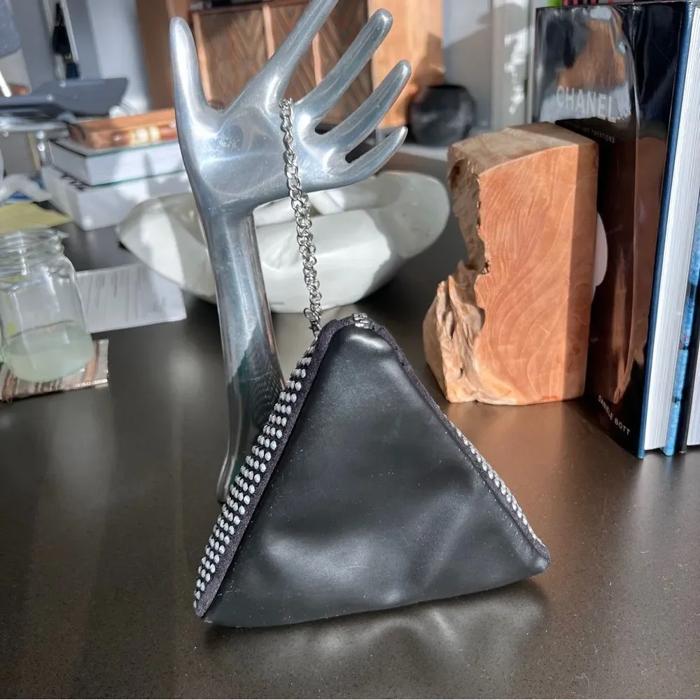 Black Triangular Studded Pouch with Silver Chain Zipper